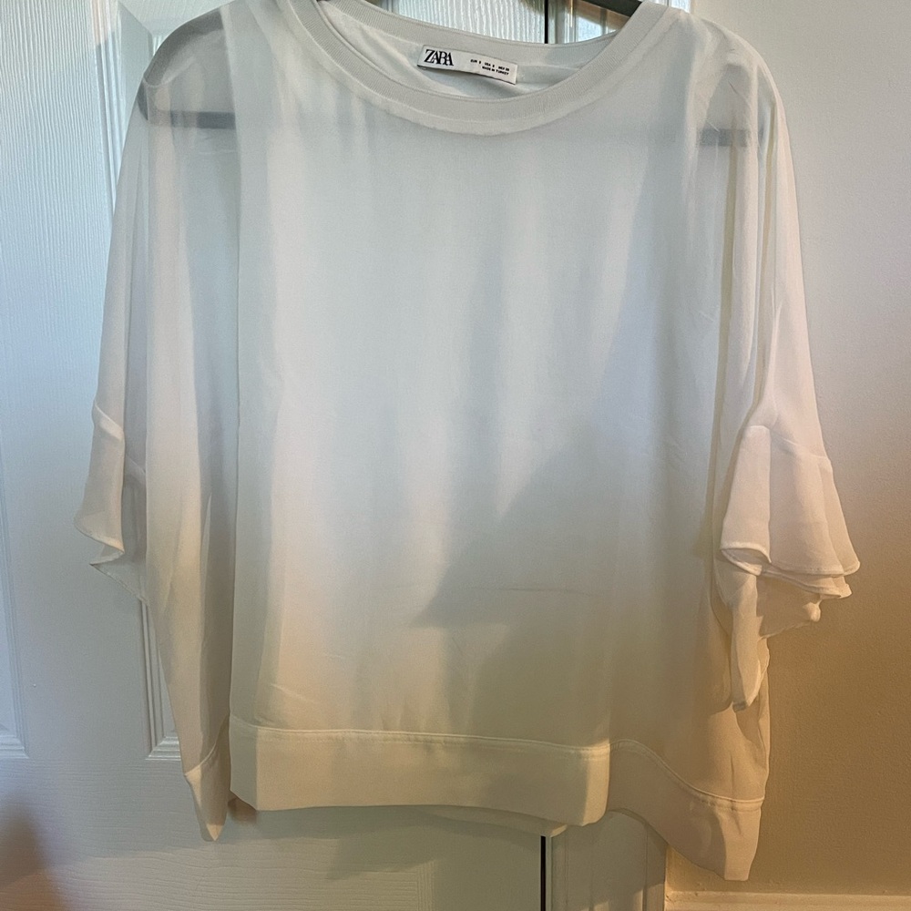 Zara White Flutter Sleeve Boxy Blouse